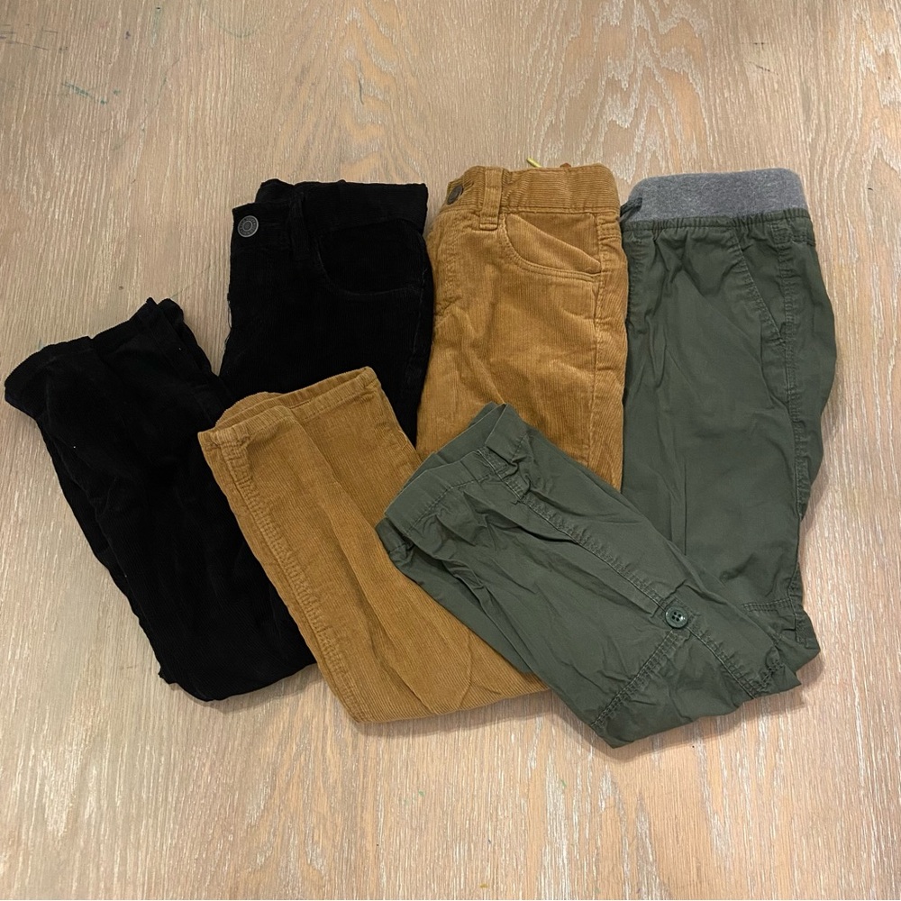 Bundle of 3 4T Kids Corduroy and Cargo Pants Set - Black, Tan, Green
